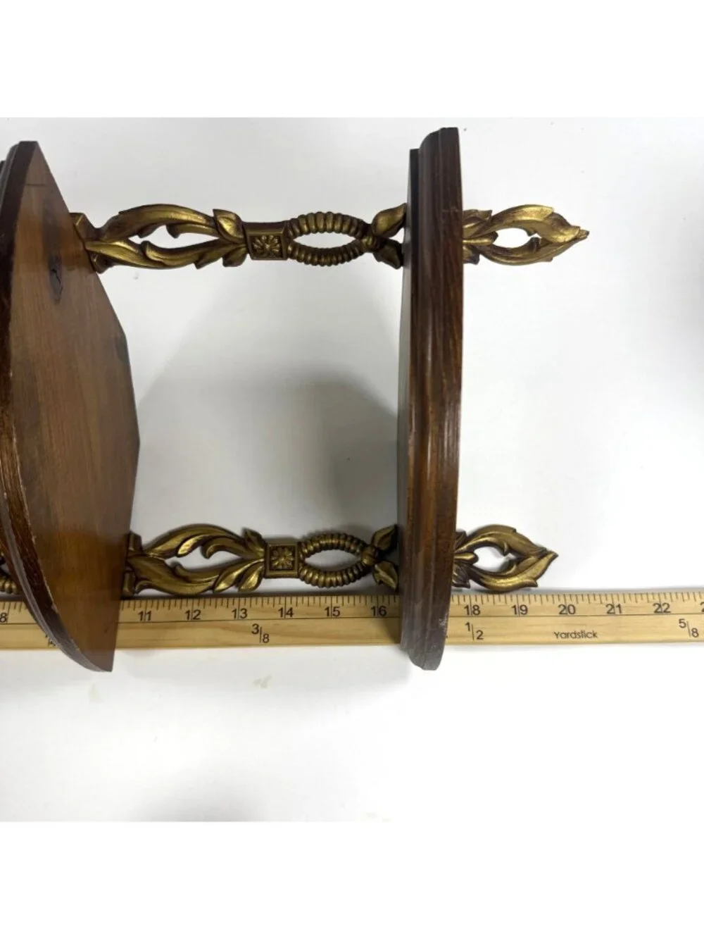 2 Vintage Sexton 3 Tier Corner Hanging Shelves Ornate Metal Wood Wall Display